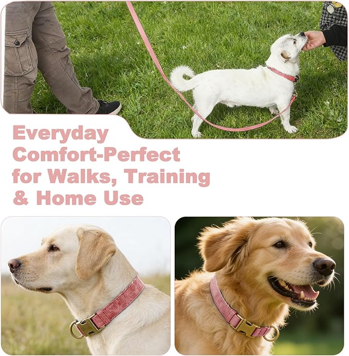 Genuine Leather Dog Collar - Adjustable Pet Collar with Quick Release Metal Buckle, Soft Skin Friendly Real Leather Collar for Small, Medium, Large Dogs (Pink, L：Fit 15-23" Neck)