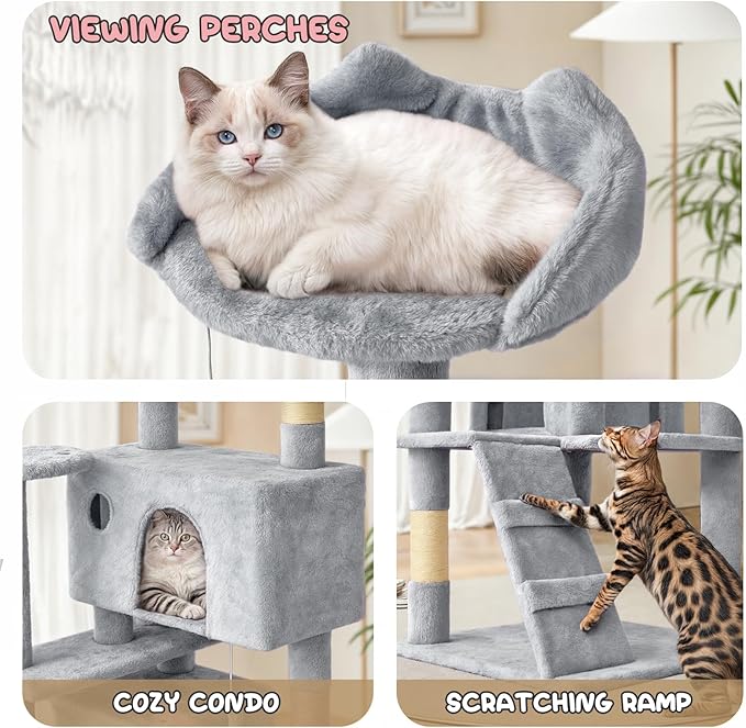 MoNiBloom 60 Inch Cat Tree Tower for Indoor Cats Large Adults, Cat Tower with Scratching Post, Multi-Level Furniture Activity Center with Cat Condo Pet Play House, Light Grey