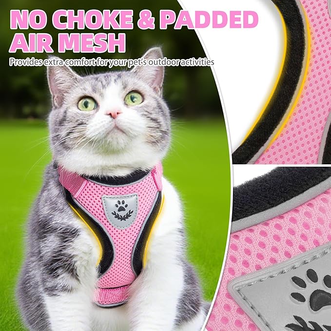 PUPTECK Cat Harness and Leash Set Escape Proof Reflective Cat Walking Harness Adjustable Soft Breathable Mesh Vest for Small Pets, Light Pink, S