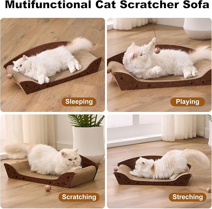 26'' Cardboard Cat Scratcher Bed - Large Scratcher Couch for Indoor Cats, Orthopedic Scratching Board, Lounger Scratching Couch with Bells