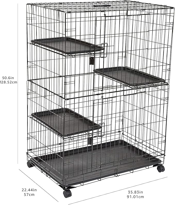 Amazon Basics Large 3-Tier Cat Cage Playpen with Easy to Clean Removable Tray, Front Doors, Portable, Foldable, 35.8" x 22.4" x 50.6", Black