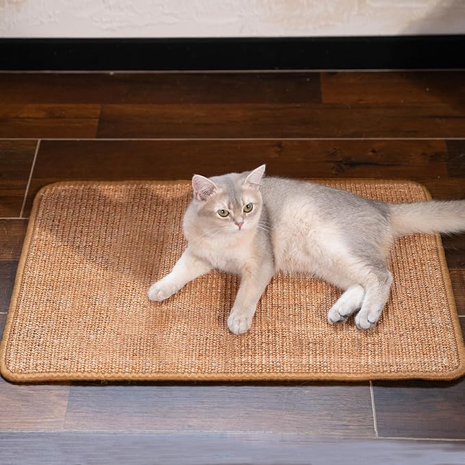 CHEERPALS Sisal Cat Scratcher Mat for Indoor Cats, 23.6 X 15.7 Inch Natural Sisal Fabric Scratching Pad Horizontal Scratch Rug with Sticky Tapes, Protect Couch, Wall and Carpets (Brown)