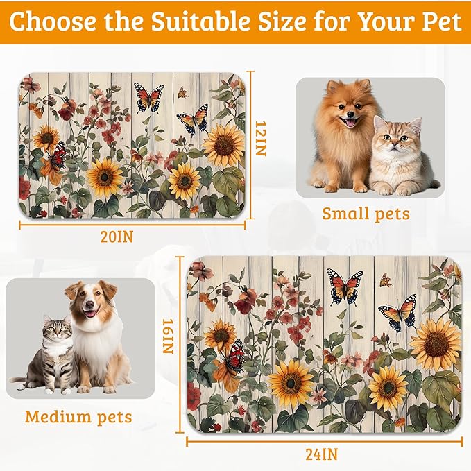 Pet Feeding Mat,Vintage Flower Absorbent Dog Cat Food Mat Rustic Wooden Dog Mat with Rubber Backing,Non-Slip Water Bowl Placemat,Pet Supplies 12" x 20"