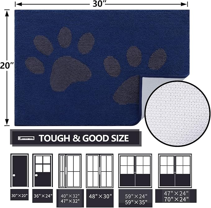 Buganda Dog Door Mat for Muddy Paws, Absorbent Dirt Trapper Washable Indoor Doormats, Non Slip Low-Profile Mud Mat for Dogs, Front Entrance Doormat for Inside Floor (48x30 Inches, Navy)