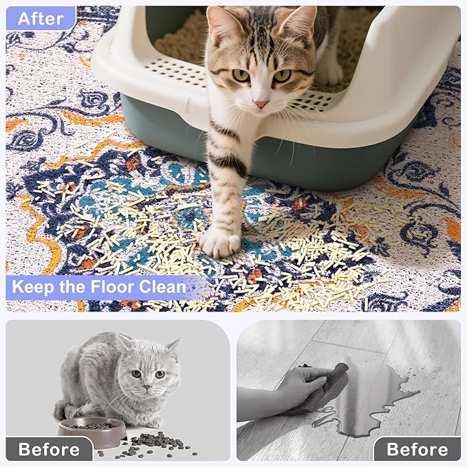 Bienbee Cat Litter Mat, 33" x 22" Large Size Litter Box Mat Rug with Non-Slip Bottom,Urine and Water Proof, Easy to Clean Cat Supplies Essentials for Indoor Kitty Kitten Floor, Blue L