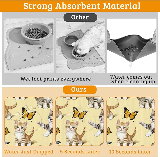 Dog Bowl Mat,Cute Cats Pet Feeding Mat for Floors Waterproof,Butterfly Absorbent Dogs Placemat for Food and Water Quick Dry Pet Cat Feeding Mats with Non Slip Bottom 12" x 20"