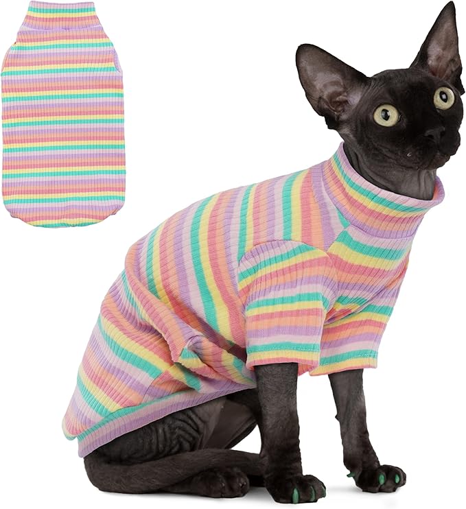 PUMYPOREITY Soft Hairless Cats Clothes - Rainbow Stretchy Cat Sweater, Pullover Jumpsuit, Turtleneck Outfit for Sphynx, Cornish Rex, Devon Rex, XS