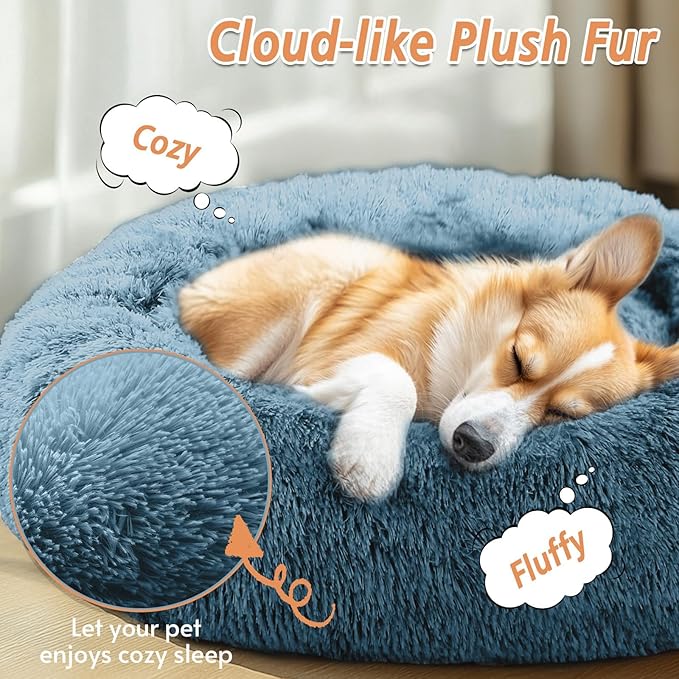 JOLLYVOGUE Calming Dog Bed Medium Size Dog, Anti-Anxiety Donut Medium Pet Bed, 31 inches Fluffy Faux Fur Round Cat Bed, Fits up to 45 lbs Pets (Blue)
