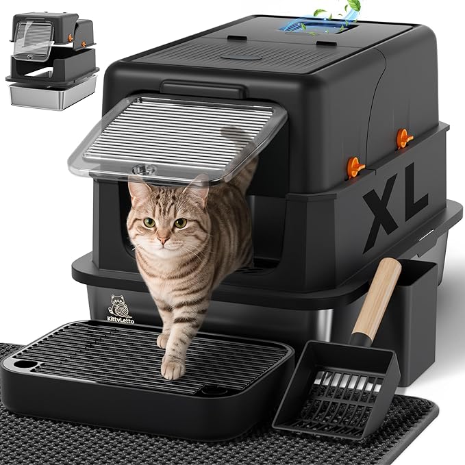 Stainless Steel Litter Box with Lid - XL Enclosed Litter Box for Cats with Collecting Mat - 4 Way Setup Fully Closed, Semi Low, High & Open Kitty Boxes, Leak Proof Metal LitterBox (Black)