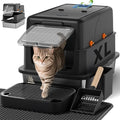 Stainless Steel Litter Box with Lid - XL Enclosed Litter Box for Cats with Collecting Mat - 4 Way Setup Fully Closed, Semi Low, High & Open Kitty Boxes, Leak Proof Metal LitterBox (Black)