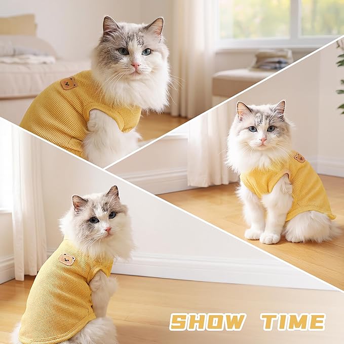 Waffle Knit Cat & Dog T Shirt for Small Dogs, Stretchable Puppy Shirt for Sphynx Cats & Small Breeds, Pet Clothes | Breathable Summer/Winter Apparel for Newborn(3PCS Large)
