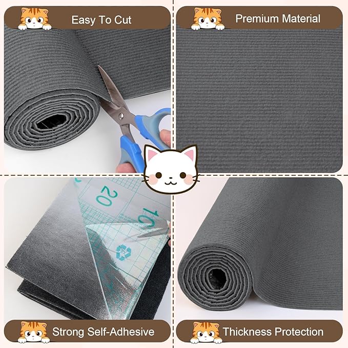 Cat Scratch Furniture Protector, 78.7"x15.8" Cat Scratching Mat, Trimmable Self-Adhesive Cats Claws Scratch Pads, DIY Carpet Mat Replacement for Cats Tree, Cats Wall Shelves, Dark Grey