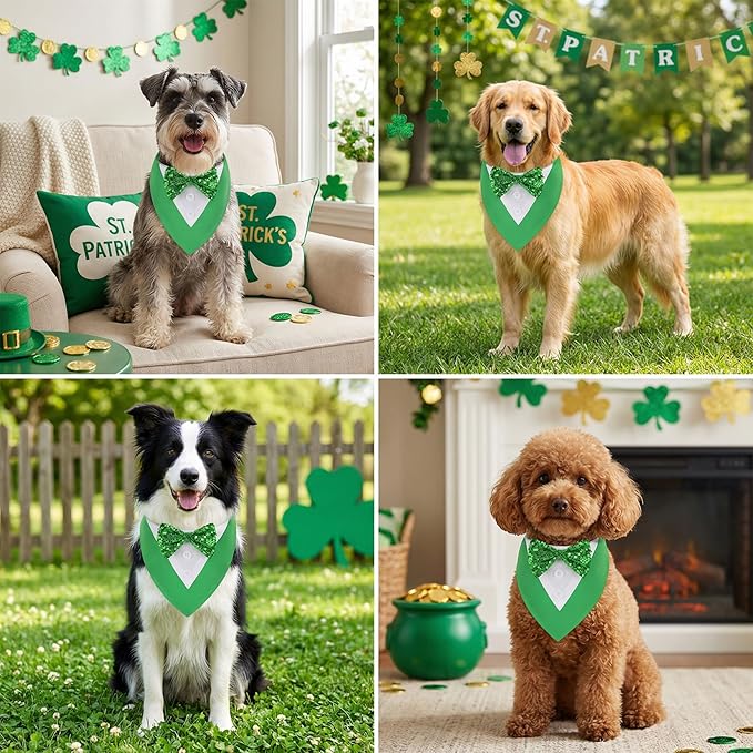 ADOGGYGO St.Patrick's Day Dog Tuxedo Bandana, Green Pet Tux Collar with Bowtie Adjustable St Patricks Costume for Small Dogs Pets (S)