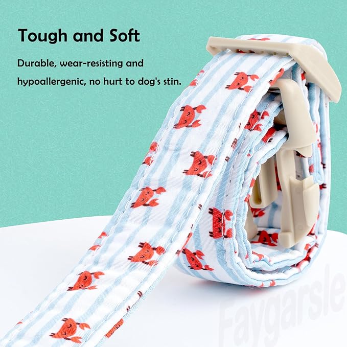 Faygarsle Cute Crab Pattern Dog Collar, Cotton Fabric, Light Blue Stripes, for Small Medium Large Dogs L