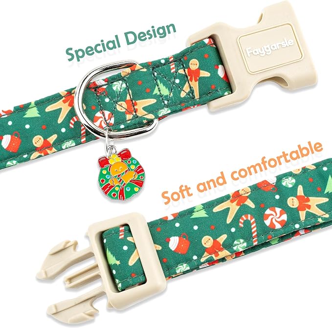 Faygarsle Christmas Dog Collar, Green Gingerbread Pattern, Plastic Buckle with Metal D-Ring, Holiday Pet Accessory, for Small Medium Large Dogs XS