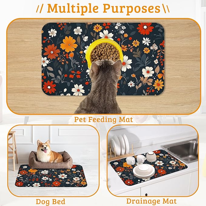 Floral Black Feeding Mat, Absorbent Quick-Dry Cat Dog Food and Water Bowl Mats,Non-Slip Rubber Backing Mat,Cat Dog Accessories Supplies 12" x 20"