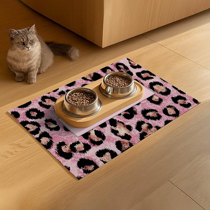 Puppy Feeding Mat 20x12 inch Pink Leopard Print Dog Bowl Placemat Non Slip Mat for Pet Food and Water Small Dogs Indoor Feeding Station Puppy Pet Placemat for Kitchen and Dining