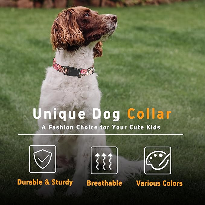 Dog Collar for Boys Girls, Floral Puppy Collar for Small Medium Large Dogs, Adjustable Soft Pet Collar With Safety Buckle for Male Females (Red Floral, M)