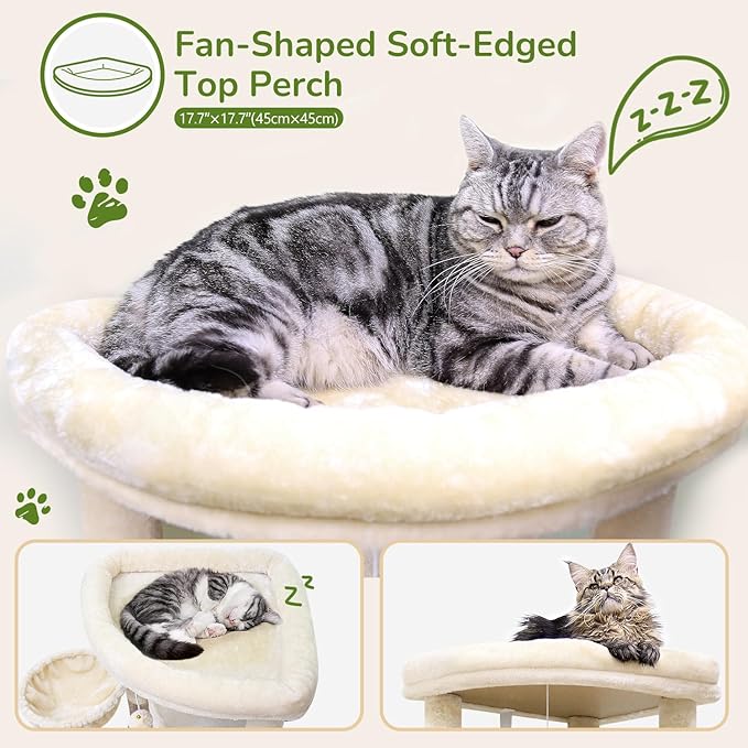 Globlazer Corner Cat Tree, 51in Curved Series Modern Cat Tower for Indoor Cats with Hammock, 7 Sisal Scratching Posts, Large Fan-Shaped Platform for Large Cats, Cat Condo & Hanging Basket, C51, Beige