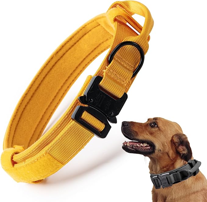 Tactical Dog Collar, Adjustable Military Training Nylon Dog Collar with Control Handle and Heavy Quick-Release Metal Buckle for Small Medium Large Dogs, Yellow L