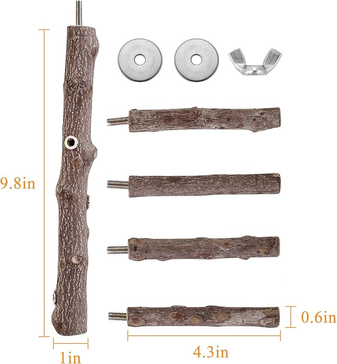 Bird Perch Stand Toy, Natural Wood Parrot Perch Bird Cage Branch Perch Accessories for Parakeets Cockatiels Conures Macaws Finches Love Birds (M: 10" Length)