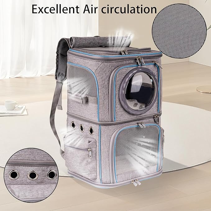 2-in-1 Pet Carrier Backpack for Two Cats or One Dog, Double-Layer 2 Compartment Carry Bag to Transport Small Animals Traveling and Hiking, Space Capsule Clear Bubble Dome