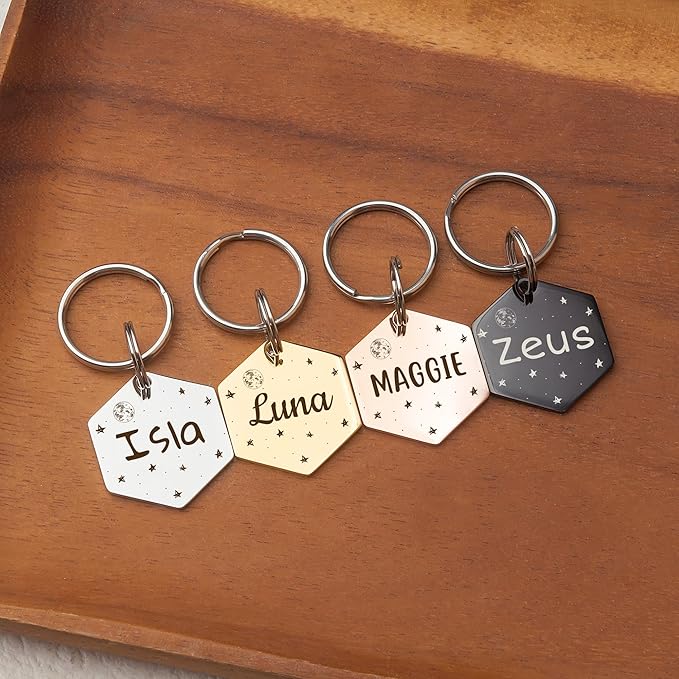 Anavia Small Size Dog Cat ID Tags, Small/XS Personalized Color Plated Stainless Steel Puppy Kitten Name Tags, Customized Engraved Nameplate Pet Collar Tag (Rainbow, Hexagon)