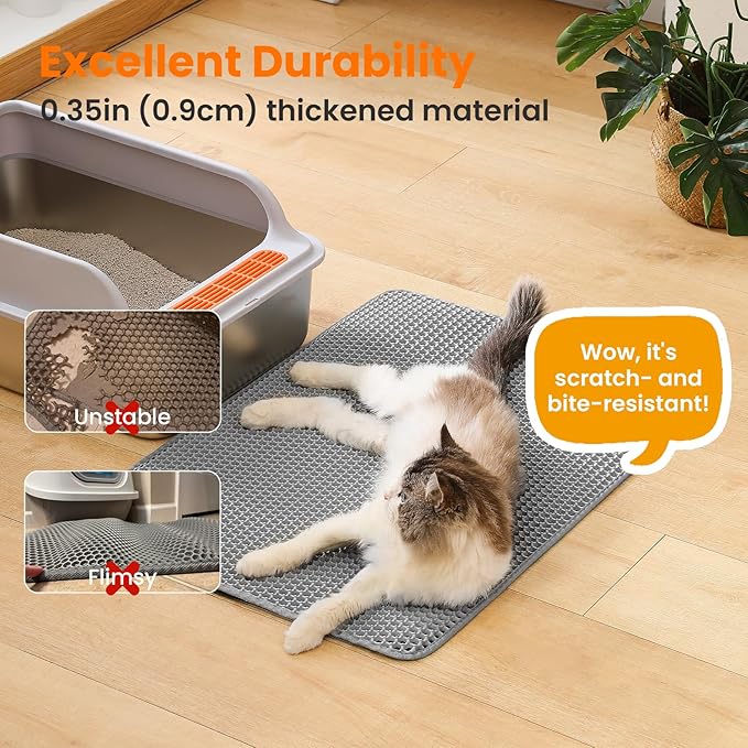 Extra Large Cat Litter Mat, 30x22 Inches Honeycomb Double Layer Cat Litter Trapping Mat, Non Slip Waterproof Urine Proof Large Kitty Litter Box Mat for Floor, Kitten Supplies, XL, Gray
