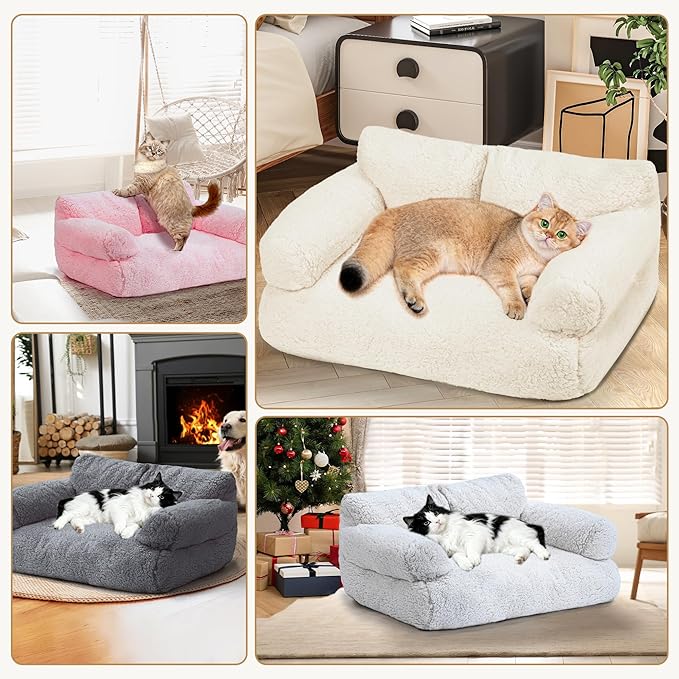 Large Cat Beds for Indoor Cats, Dog Couch Bed, Cute Cat Couch Sofas for Less 20lbs Kitten Puppy, Small Dog Sofas & Chairs with Removable Washable Cover, Soft Warm Pet Furniture, Gray