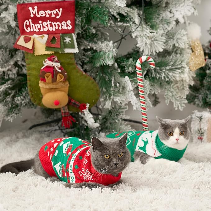 Stretchy Cat Christmas Sweater - 2 Packs Christmas Sweaters for Cats | Snug Winter-Ready Knit for Boy/Girl Cats & Kittens(Scarlet, Medium)