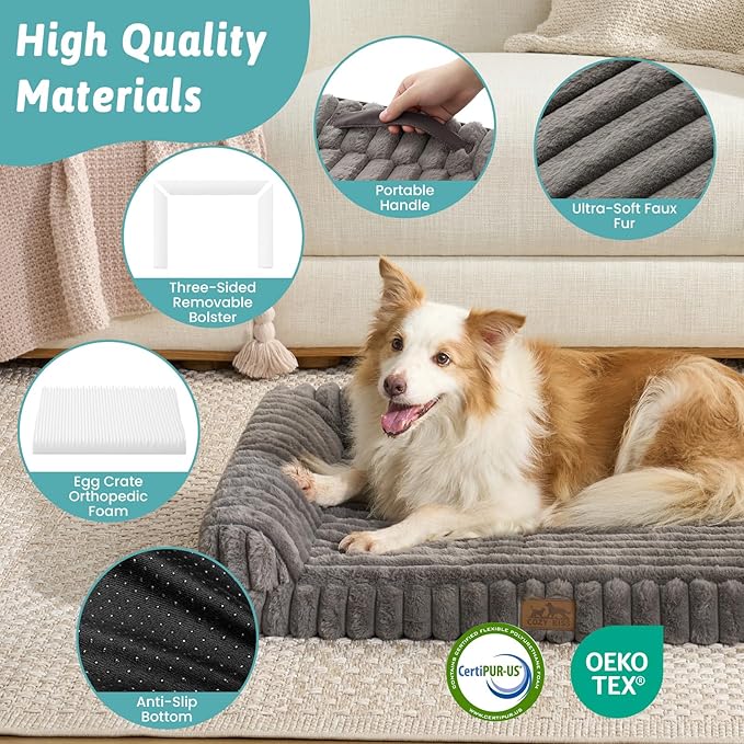 Cute Dog Bed for Large Dogs, Faux Rabbit Fur Orthopedic Foam Dog Bed with Sides, Removable Washable Cover & Waterproof Lining, Comfortable Pet Couch, Grey (44" L x 32" W x 7" Th)