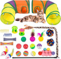 Retro Shaw 33Pcs Cat Toys with Tunnels, Interactive Kitten Toys for Indoor Cats Kitty, Collapsible Cat Tube Tent Feather Wand Teaser Bell Fuzzy Ball Crinkly Springs Mouse - Large Cat Tunnel Toys Set