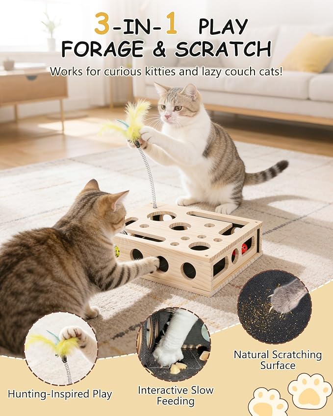 Cat Interactive Box Puzzle Toy - Cats Indoor Hunting Play Toy with 3 Jingle Balls & 1 Feather Wand, Wooden Cat Puzzle Treat Toy Box Energize Cat Instincts for Bored Cats,Eco Friendly