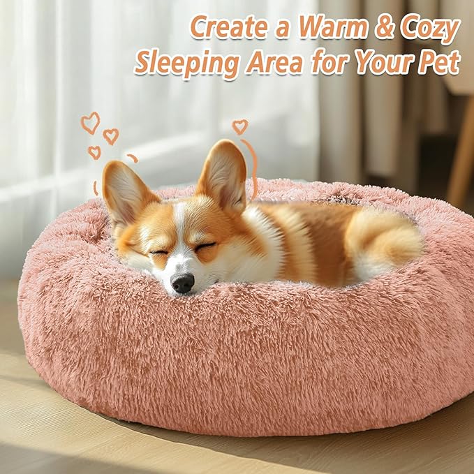 JOLLYVOGUE Calming Dog Bed Large Size Dog, Anti-Anxiety Donut Large Pet Bed, 36 inches Fluffy Faux Fur Round Cat Bed, Fits up to 75 lbs Pets (Peach Pink)