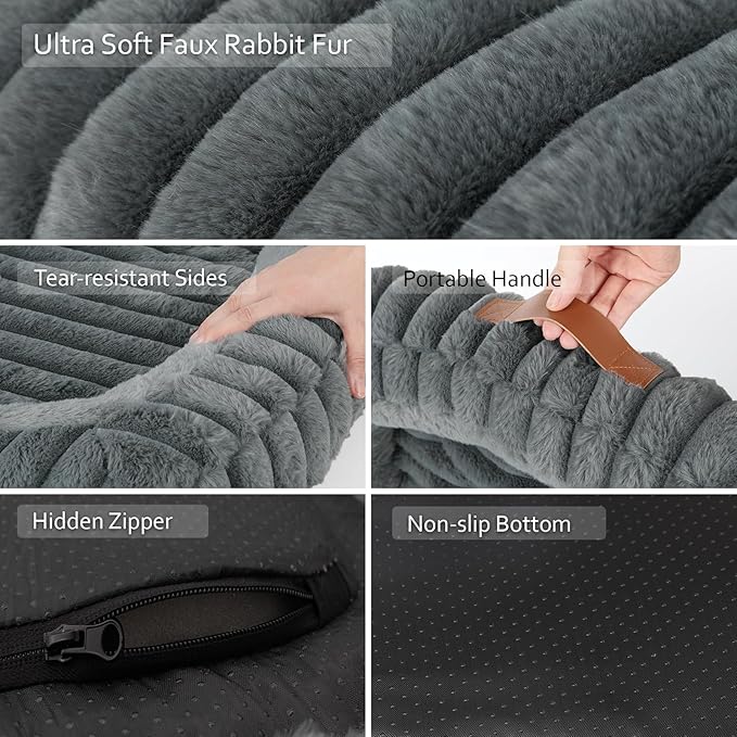 Orthopedic Dog Bed for Large Dogs, Comfort-Sided Calming Pet Bed with Breathable Memory Foam, Plush Faux Rabbit Fur & Non-Slip Bottom, Machine Washable with Carry Handle, 35"x27"x5.5", Grey