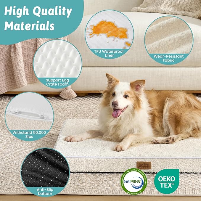 Dog Crate Bed for Large Size Dogs, Rectangular Orthopedic Dog Beds, Foam Anti-Slip Bottom Pet Mat with Washable Removable Cover, Suitable for Pet Up to 75 lbs, 36x27x3 inch, Beige