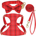 Beirui Cute Extra Small Dog Harness Collar and Leash Set with Bowtie, Soft Adjustable Plaid Puppy Harness for Small Sized Dogs Cats Walks Parties and Photoshoots(Red,XS:Chest 13-18")