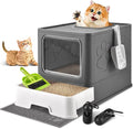 Cat Litter Box with Litter Mat, Foldable Extra Large Free in and Out/One-Way with Lid, Drawer Type Enclosed Kitty Litter Box,Odor Control Anti-Splashing Easy Cleaning (Dark Grey)