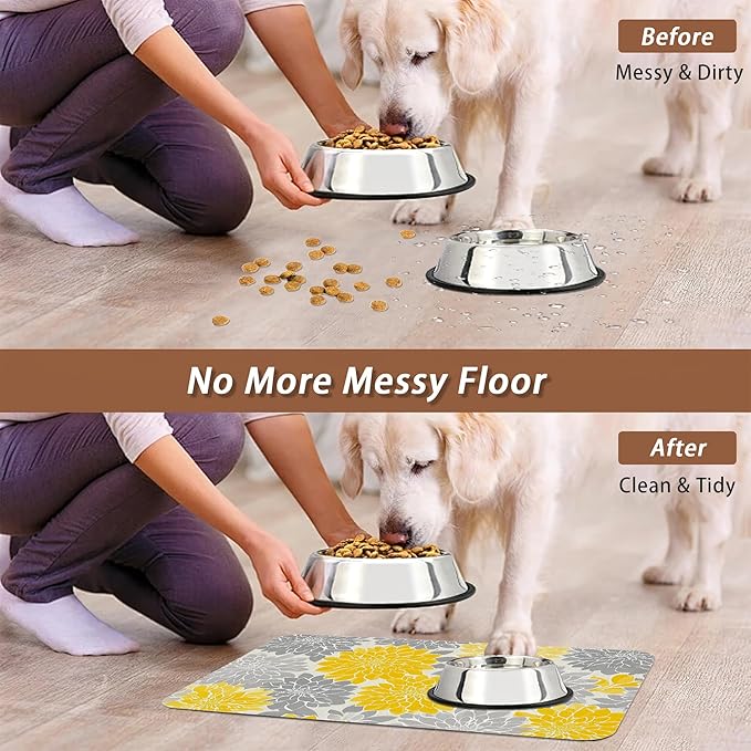 Dahlia Dog Cat Food Mat,Gray Yellow Flower Absorbent Pet Feeding Mat with Rubber Backing,Non-Slip Water Bowl Placemat,Indoor Pet Accessories Supplies 12"x20"