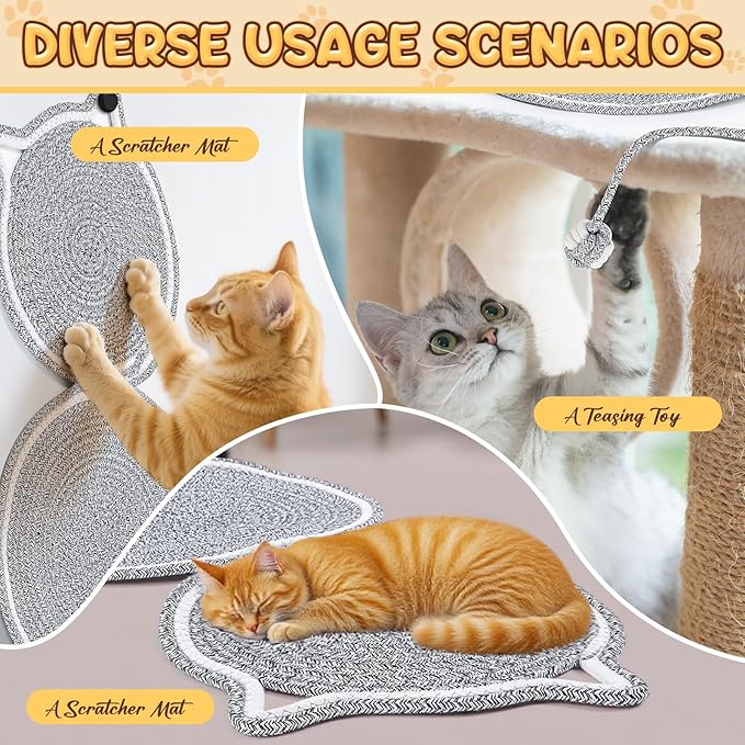 25.6 Inch Large Scratching Mat for Indoor Cats Natural Cotton Rope Flat Scratcher with Ear Hooks and Ball Toy Cat Scratch Rug Pad for Wall, Couch, Carpets, Sofas(Light Gray)