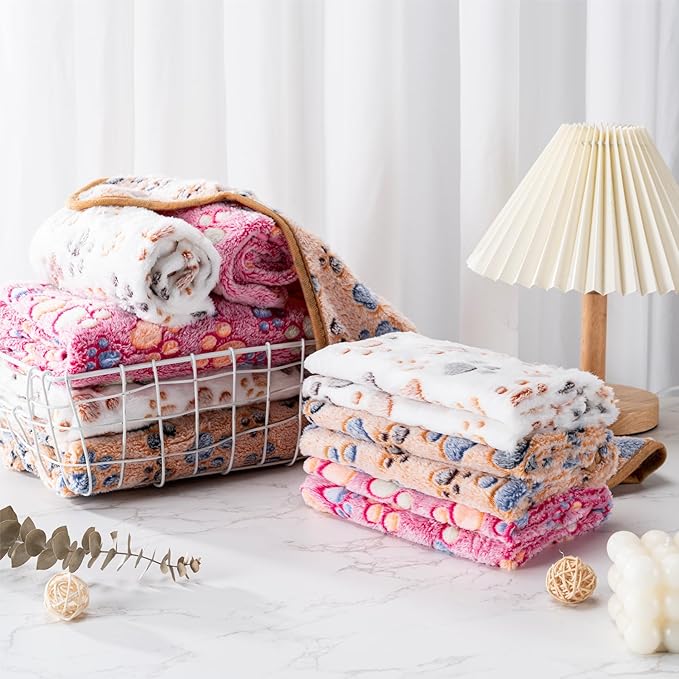 1 Pack 3 Blankets Super Soft Fluffy Premium Fleece Pet Blanket Flannel Paw Printed Throw for Dog Puppy Cat (Medium 30x20'', White, Pink, Blue)
