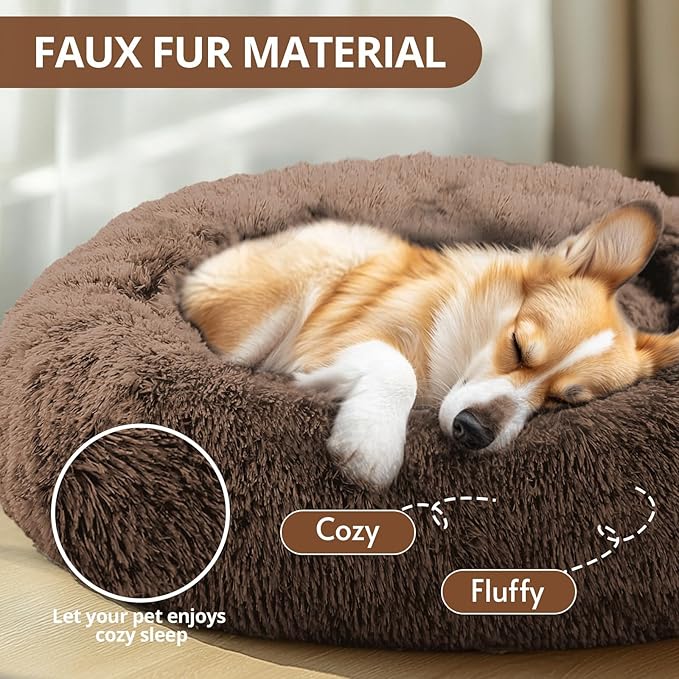 JOLLYVOGUE Calming Small Dog & Cat Bed for Indoor Cats - 20 inches Washable Donut Bed for Kittens & Puppies, Anti-Anxiety Round Fluffy Plush Pet Beds (Fits up to 15 lbs, Coffee)
