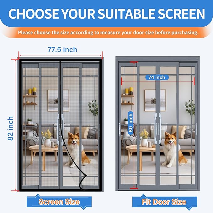 Upgraded PET Mesh Magnetic Screen Door Stronger Than Fiberglass and Polyester,Hands Free,Keep Bugs Out,Pet & Kid Friendly,Suitable for Sliding Doors,Patio and French Doors-74" X 80"