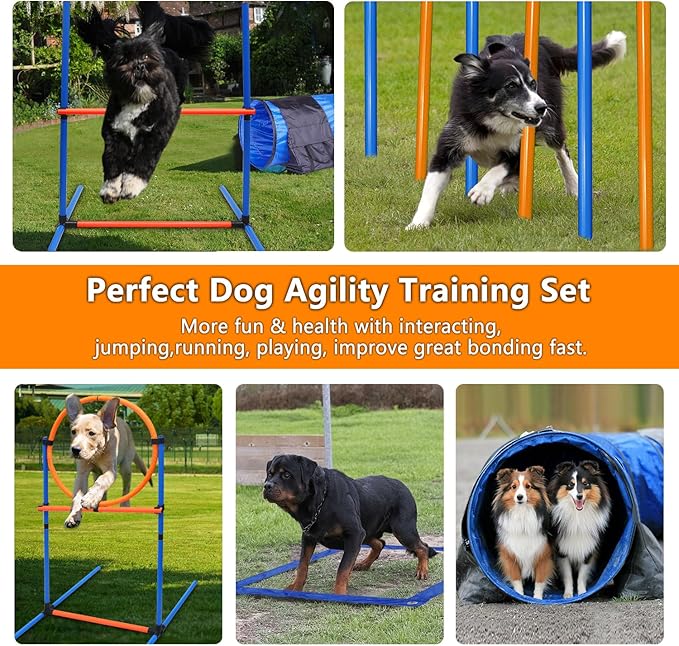 Premium Dog Agility Equipment Set Outdoor Indoor Game, Tire Jump + Hurdle Jump, Tunnel, Weave Poles, Pause Box, 2 Toy Balls, 2 Flying Discs, 1 Whistle, 1 Bag, Backyard Dog Training Obstacle Course Kit