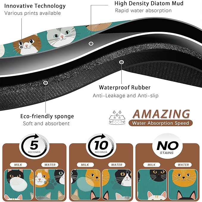 Cute Cat Dog Food Mat,Absorbent Pet Feeding Mat with Rubber Backing,Non-Slip Water Bowl Placemat,Indoor Pet Accessories Supplies 12"x20"