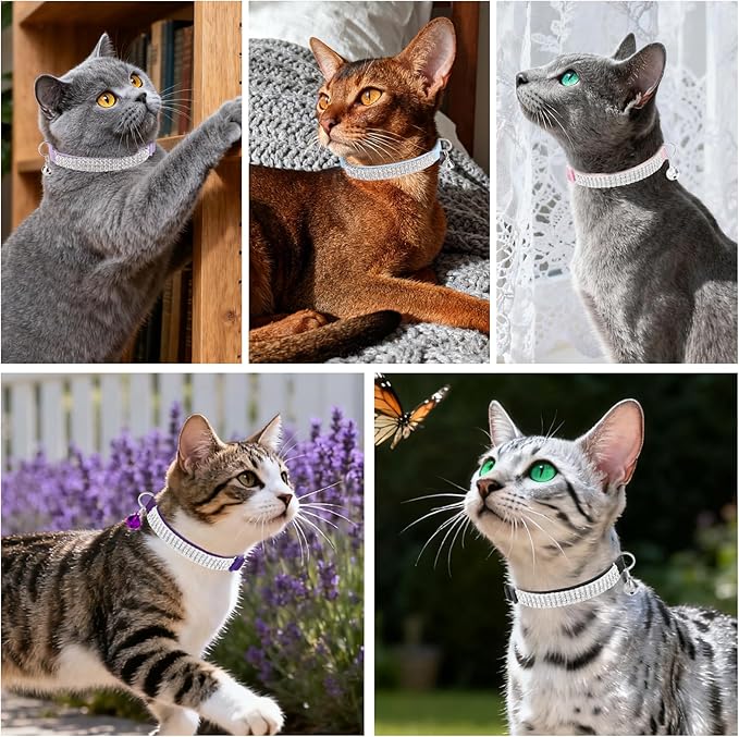 EXPAWLORER Soft Velvet Safe Cat Collars for Girl Cats - Rhinestones Adjustable Collars Breakaway- Chirstmas Cat Clollar Gifts with Bells for Boy Cats Kitty and Small Dogs(XS,Pink)