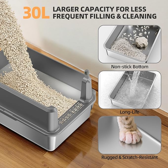 Enclosed Stainless Steel Cat Litter Box with Lid, XL Extra Large Litter Box for Big Cats, Metal Litter Pan High Sided, Never Absorbs Odors, Anti-Urine Leakage, Include Scoop (65-LightGray)