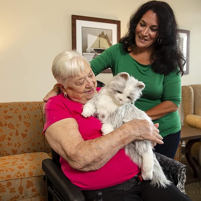 JOY FOR ALL Companion Pet for Seniors - Lifelike Animatronic Cat - Realistic Soft-Touch Fur & Purring - Therapy Stuffed Animal - Toy for Alzheimer's & Dementia - Silver w/White