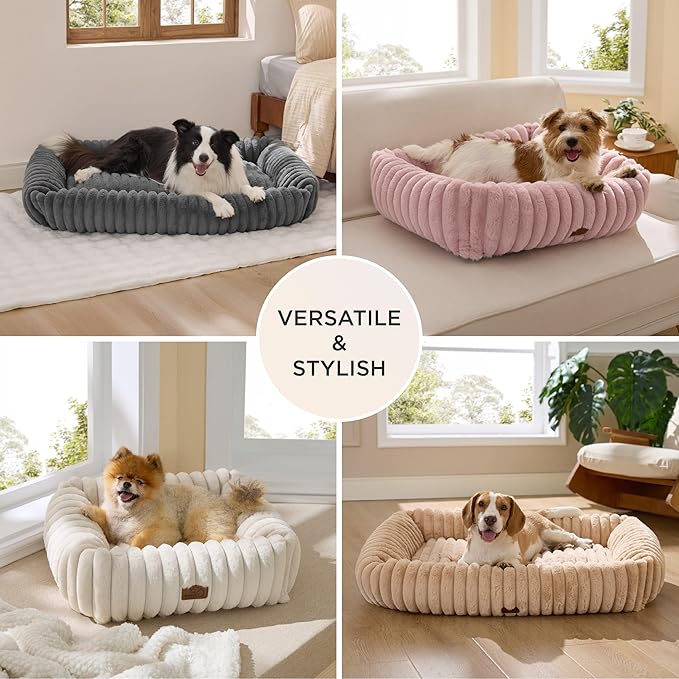 Bedsure ComfyFleece™ Cute Dog Bed for Extra Large Dogs - Washable Furry XL Pet Beds, Rectangle Orthopedic Corduroy Fleece Pet Beds with Removable Zipper Cover, 43x30x8inches, Cream
