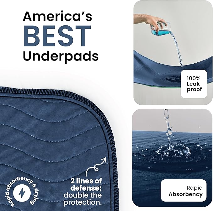 IMPROVIA® Washable Underpads, Heavy Absorbency Reusable Incontinence Pads for Kids, Adults, Elderly, and Pets, Waterproof Protection Floor (Navy & Green, 34"x52" (Pack of 2))